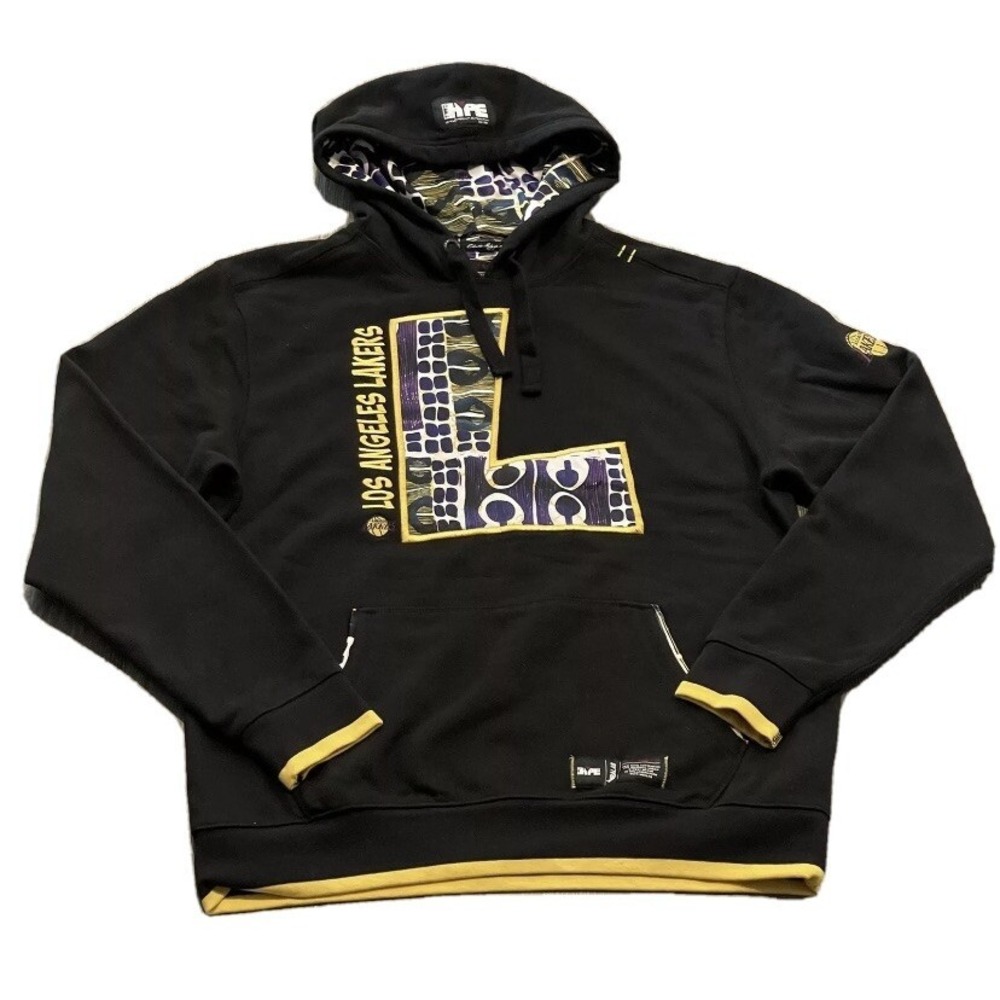 LA Lakers Hoodie Mens L Gold Purple Kente Style Pullover Sweatshirt NBA Fan Gear